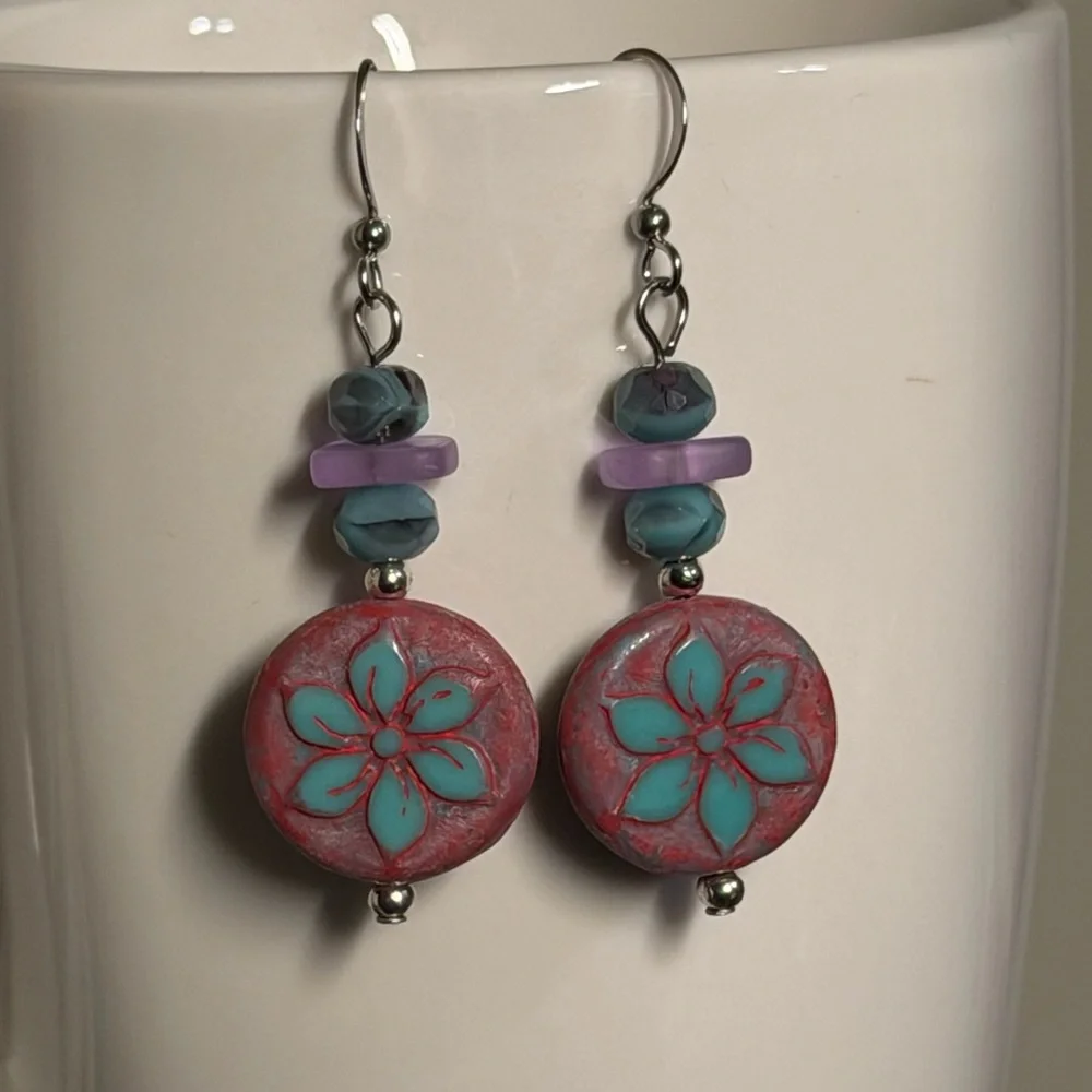 Handcrafted Floral Pink and Turquoise Czech Glass Earrings - Picture 10 of 16
